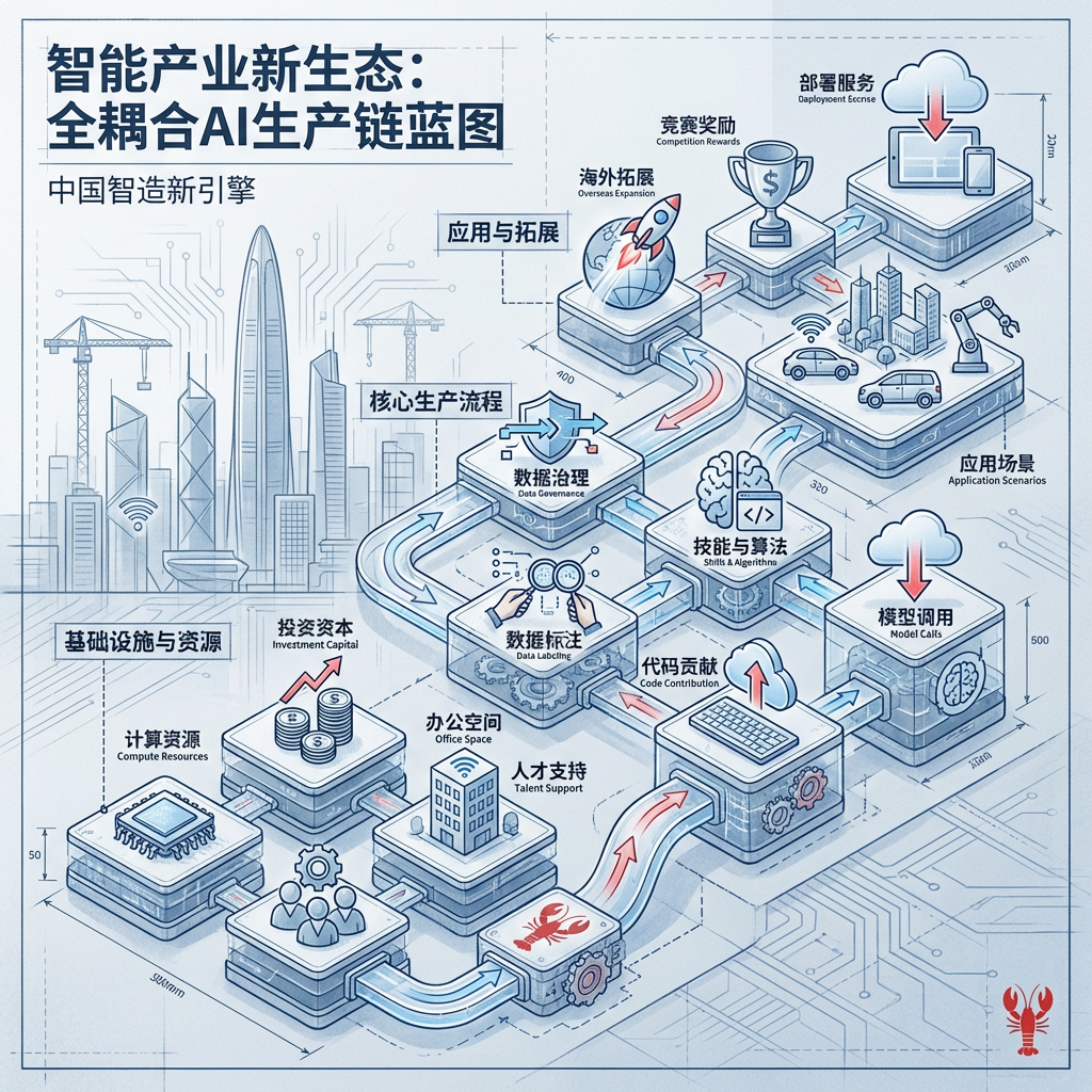 图2:耦合式 AI 生产链 — 从部署、数据、模型到算力、场景、人才、资本与出海